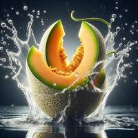 Fresh cantaloupe slices splash into water, creating a dynamic and refreshing scene perfect for summer food and drink concepts. photo