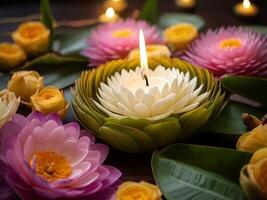 White lotus krathong with candle in the river for Loy Krathong festival photo