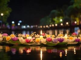 Flowers Krathongs in night view in the river photo