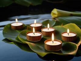 candles on the table with natural material for make krathong. photo