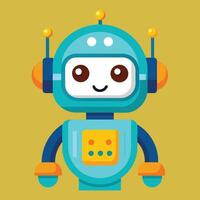 A cheerful, cartoon robot with big eyes and colorful features on a simple vector