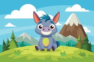 A cheerful blue donkey sits on a grassy hillside with mountains and clouds in the background during a bright sunny day vector