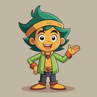 Cheerful animated character with green hair wearing a colorful outfit and waving, set against a simple background vector