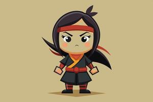 Cute illustrated character representing a young warrior in a black outfit with a red headband and a confident expression on a simple background vector