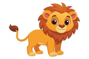 A cartoon lion standing happily with a fluffy mane against a white background, showcasing a playful expression reminiscent of children's illustrations vector