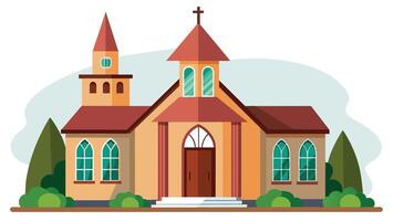 A colorful illustration of a serene church surrounded by green trees and a clear sky in a peaceful setting vector