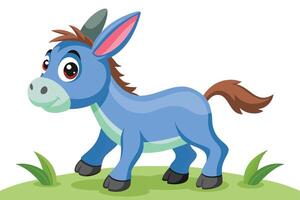 A cheerful blue donkey prancing on green grass with a bright expression under clear skies in a playful cartoon style vector
