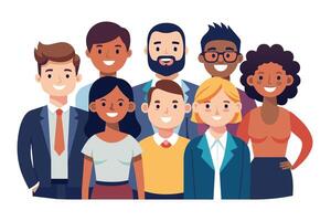 Diverse group of professionals smiling together at a team-building event in a bright and friendly office environment vector