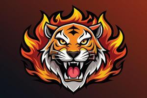 A fierce tiger head surrounded by vibrant flames, symbolizing power and strength in a bold graphic design vector