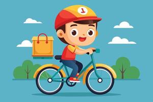 A cheerful young boy rides a bicycle while delivering food on a sunny day in a park with trees and fluffy clouds vector