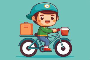 A cheerful delivery rider on a bicycle, transporting coffee and a bag in a vibrant urban setting during daylight hours vector