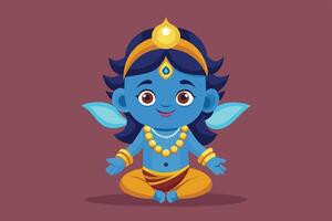 A cartoon depiction of a young blue-skinned deity sitting cross-legged with a joyful expression on a warm background vector
