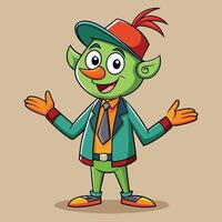A cheerful green cartoon character with a red hat and suit stands with arms open, welcoming in a brightly colored outfit against a neutral background vector