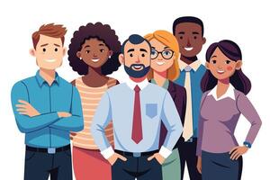 A diverse group of professionals smiling together in a friendly office setting during a daytime team gathering vector