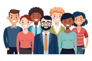 Diverse group of smiling colleagues posing together in a bright office setting during a team-building event in the afternoon vector