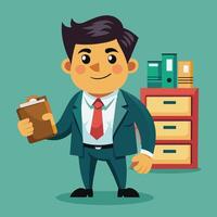 A businessman in a suit holds a clipboard while standing confidently by a filing cabinet filled with office supplies in a contemporary workspace vector