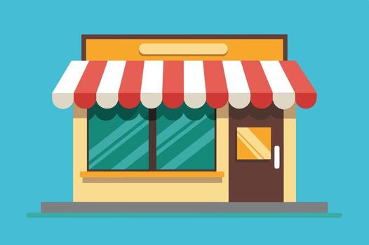 A colorful storefront with a red and white striped awning and large windows, inviting customers to explore its offerings vector