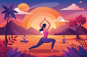 Sunset yoga session by the tranquil lake with mountains in the background, featuring three individuals practicing in harmony vector