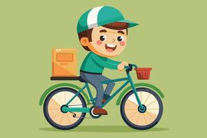 Cheerful delivery boy riding a bicycle with a package in a bright green background vector