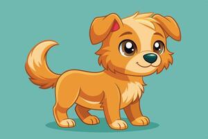 A cheerful cartoon puppy with fluffy fur stands playfully on a turquoise background, showcasing its bright eyes and wagging tail in a lively manner vector
