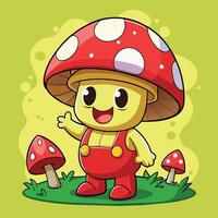 Cute cartoon character wearing red overalls and a large red mushroom hat, surrounded by smaller mushrooms on a green background vector