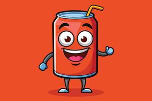 Cheerful animated soda can with a straw enjoying a fun moment against a vibrant orange background vector