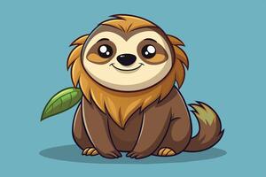 Cute cartoon sloth with a playful expression and a leaf sitting against a light blue background, showcasing its cheerful demeanor vector