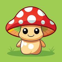 Cute cartoon mushroom character with a red and white cap on a grassy background in a vibrant, cheerful setting vector