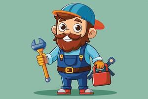 Cartoon handyman with a mustache holding tools in a playful design against a solid background vector