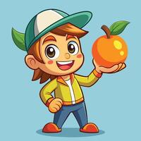 A cheerful young boy holds an orange while wearing a cap and jacket against a vibrant blue background, displaying a sense of joy and excitement vector