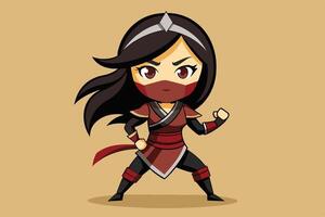 A fierce female ninja character in traditional attire poses confidently, with a determined expression, set against a simple beige background vector