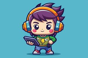 A cheerful animated character with headphones using a tablet, showcasing a playful and vibrant design against a bright blue background vector