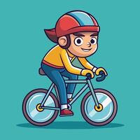 Young child riding a bicycle on a bright blue background with a cheerful expression, showcasing a fun outdoor activity in a playful style vector