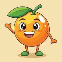 A cheerful cartoon orange character waving happily with a green leaf on its head against a light tan background vector