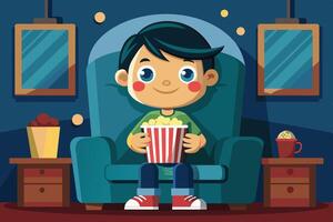 A cheerful child enjoying popcorn while watching a movie in a cozy living room with colorful decor and warm lighting vector