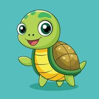 Cute cartoon turtle smiling happily against a turquoise background, showcasing its cheerful personality in a playful pose vector