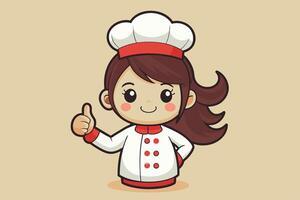 Cute cartoon chef character with a thumbs-up gesture in a white uniform and red accents, smiling happily on a neutral background vector