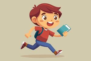A cheerful boy running with a book in hand, showcasing a love for reading in a playful animated style vector