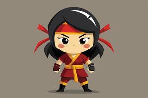A determined animated character dressed in traditional martial arts attire stands confidently with a fierce expression against a neutral background vector
