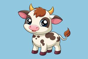 Cute cartoon cow with big eyes stands against a light blue background, showcasing a friendly and playful expression with brown patches vector