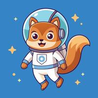 A cute cartoon fox in a spacesuit floats through space, surrounded by stars and colorful backgrounds, representing adventure and exploration vector