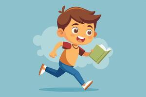 A cheerful boy running with a book in hand, enjoying his reading adventure on a bright, colorful background vector
