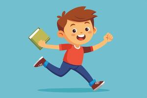 A cheerful boy running with a book in hand during a bright day, expressing joy of reading and playtime vector