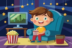 A cheerful boy enjoys popcorn while watching a movie at home in a cozy living room decorated with stars vector