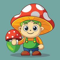 A cheerful cartoon character wearing a large red and white mushroom hat is holding a smaller mushroom in a vibrant and playful setting vector