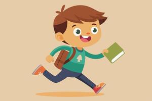 A cheerful child with a backpack runs happily while holding a green book in a playful illustration suitable for educational materials vector