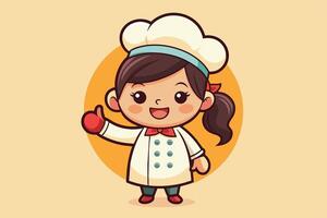 A cheerful cartoon chef character with a white coat and hat standing against a simple orange backdrop, enthusiastically gesturing a thumbs up vector