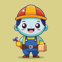 A cheerful cartoon construction worker in a helmet holding a hammer and toolbox, ready to start the building project vector