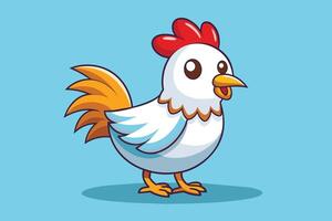 Cheerful cartoon chicken with a bright blue background showcasing its colorful feathers and playful demeanor in a whimsical style vector