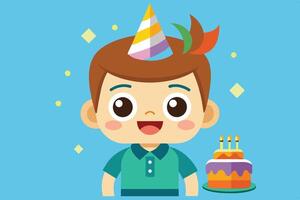 A cheerful child celebrating a birthday with a festive hat, balloons, and a colorful cake adorned with candles vector